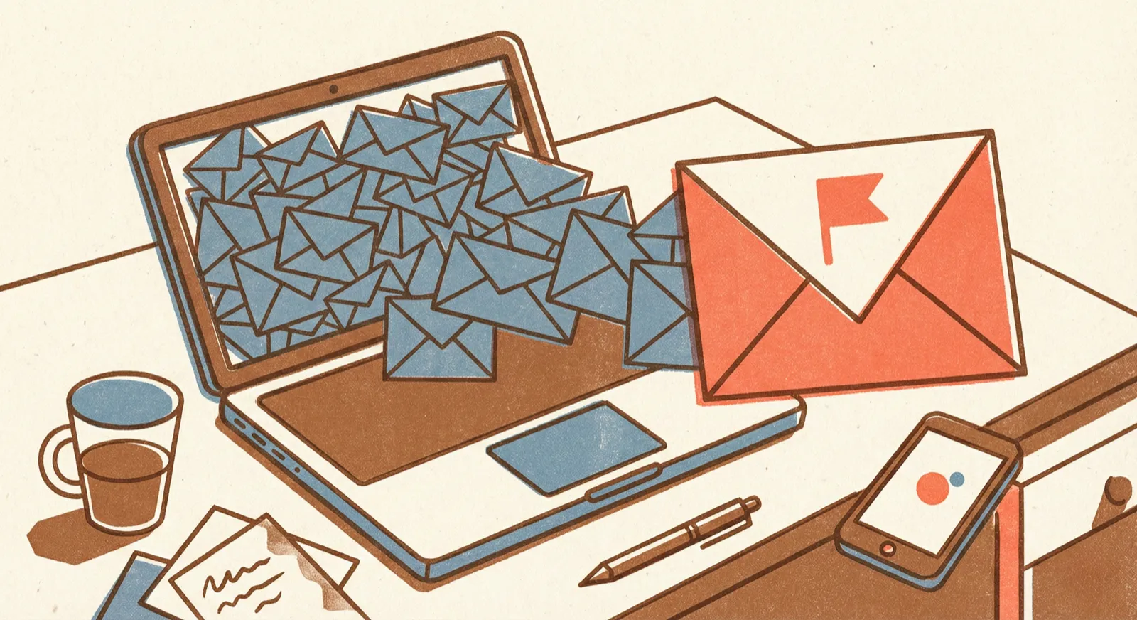 A desk scene at midday — a laptop open with an email inbox, Doris highlighting one important message among dozens of unread