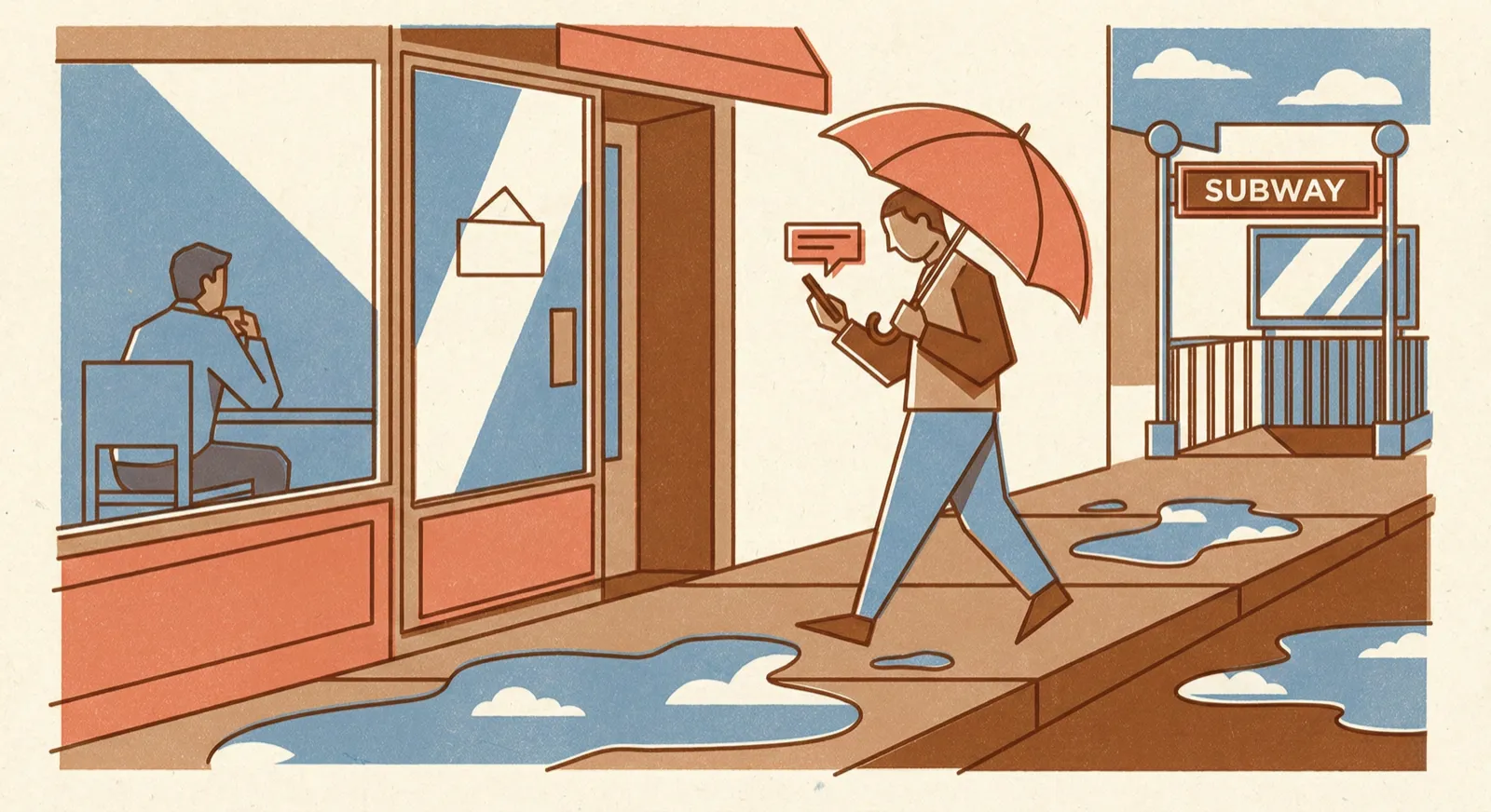 An afternoon office scene — someone reviewing notes on their phone before walking into a meeting, Doris providing a quick briefing