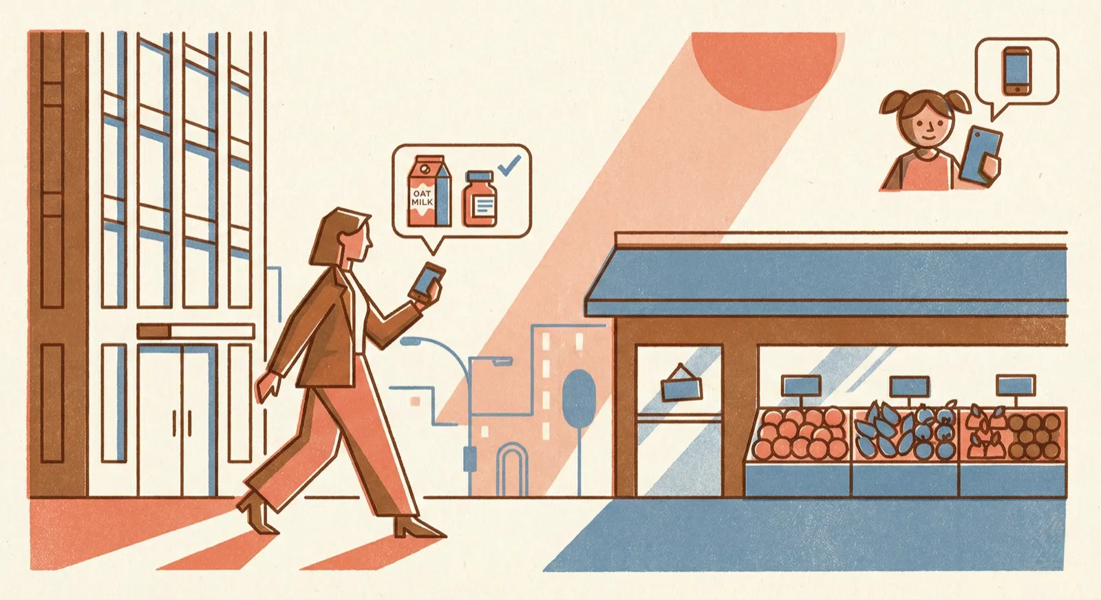 An early evening street scene — someone walking past a grocery store, Doris reminding them to stop in for items they need