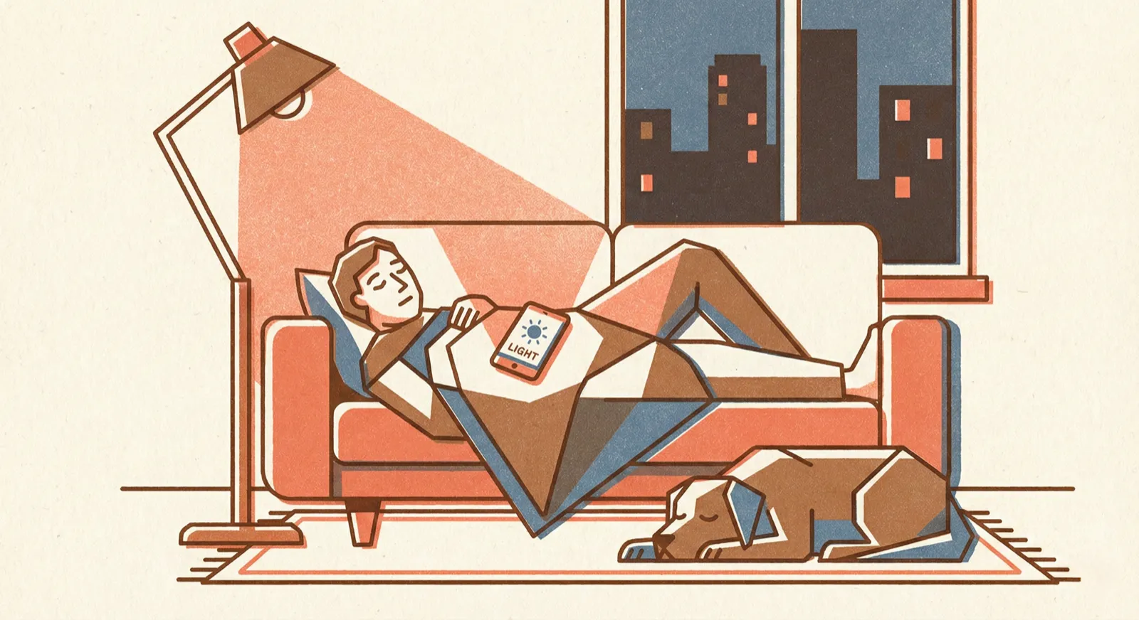 A cozy evening living room scene — someone on a couch, phone showing Doris's nightly summary with warm lamp light