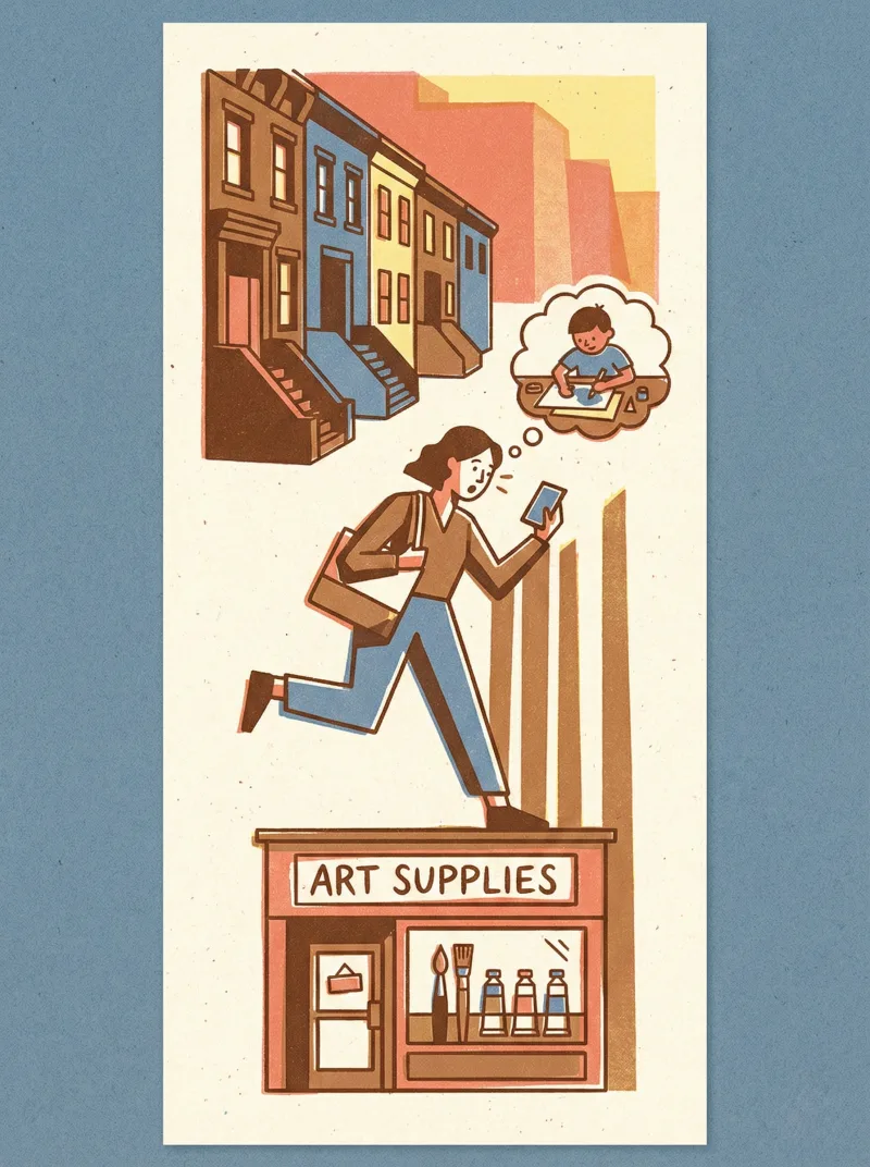 A person on a city sidewalk glancing at their phone near an art supply shop, with a thought bubble showing a child's school project