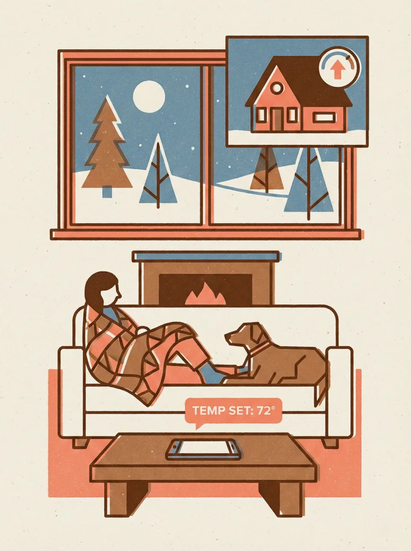 A cozy living room at night — person on couch with dog, phone showing a temperature message, country house vignette glowing warm